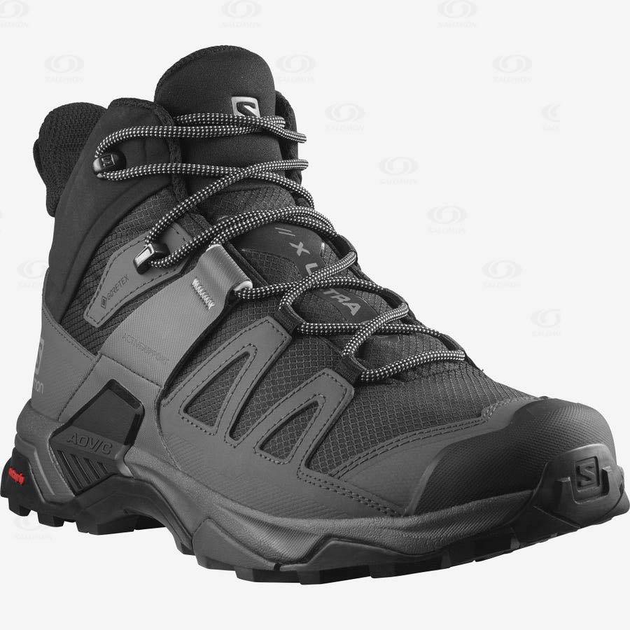 Black / Blue Salomon X ULTRA 4 MID WIDE GORE-TEX Men's Hiking Shoes | US-L1473