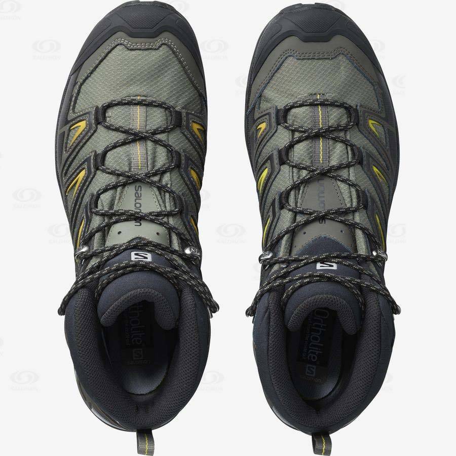 Grey / Black / Green Salomon X ULTRA 3 WIDE MID GORE-TEX Men's Hiking Shoes | US-M2077