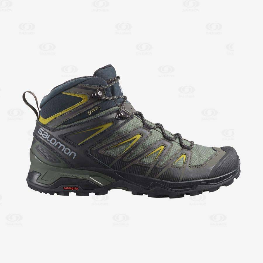 Grey / Black / Green Salomon X ULTRA 3 WIDE MID GORE-TEX Men\'s Hiking Shoes | US-M2077