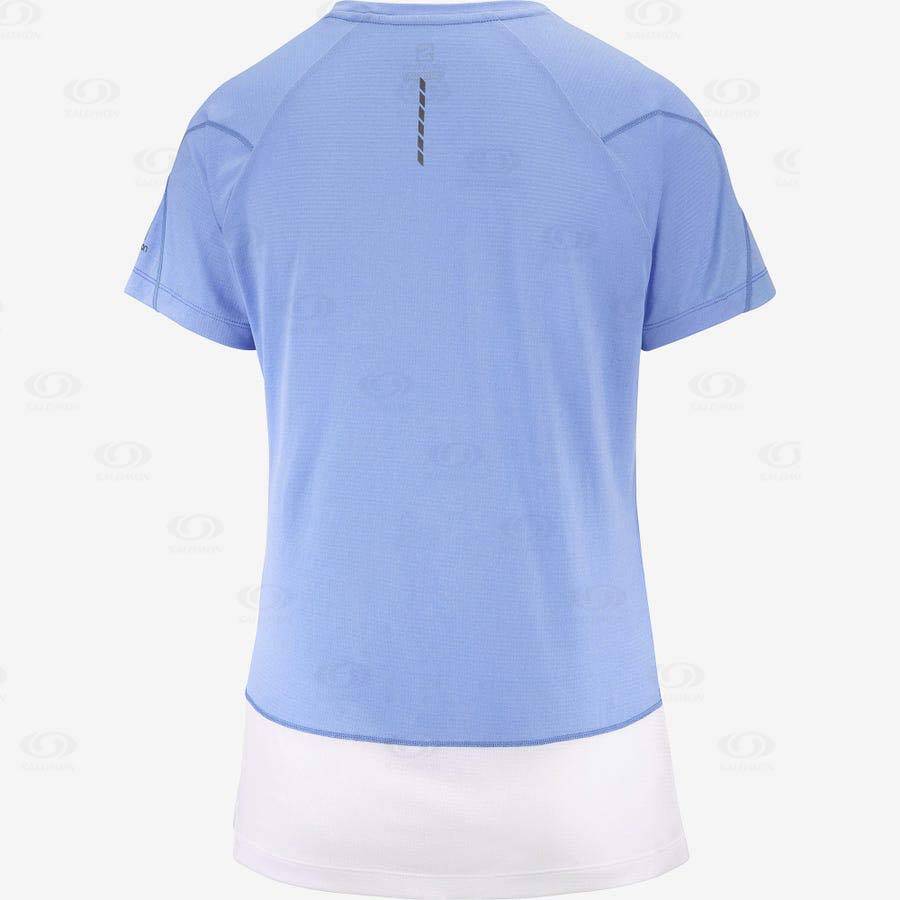 White / Blue Salomon CROSS RUN GRAPHIC Women's T Shirts | US-A2459