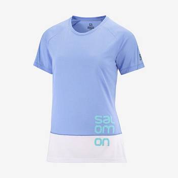 White / Blue Salomon CROSS RUN GRAPHIC Women's T Shirts | US-A2459